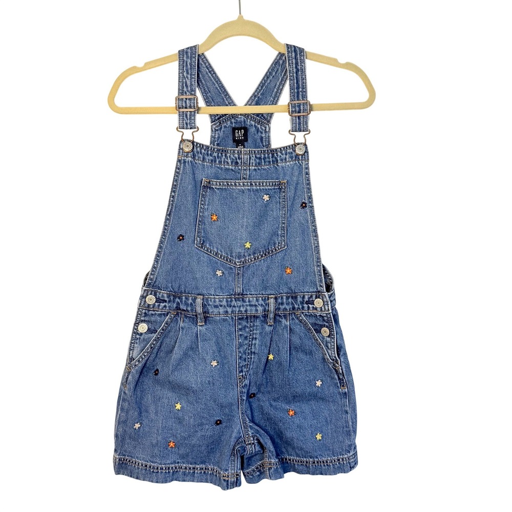 VTG GAP Denim Overalls Kids SZ 12 Floral Light Wash Shorts Y2K Jeans SZ XL